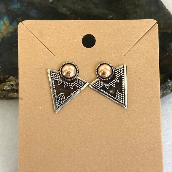 Sterling Silver 925 Gold Vermeil Bali Style Mixed Metal Triangle Stud Earrings - Picture 2 of 16